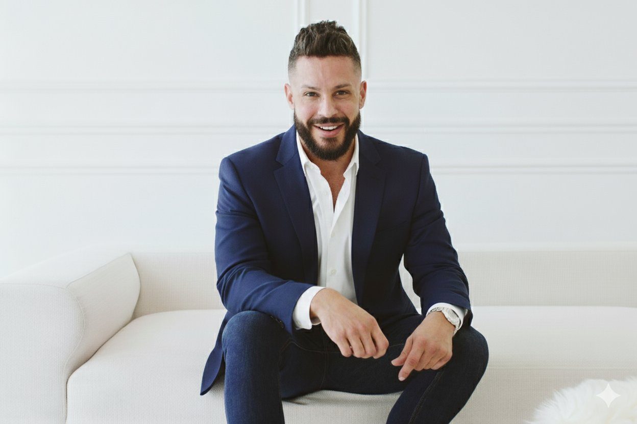 Editorial portrait of Andrew Wolhuter in a navy suit on a white sofa