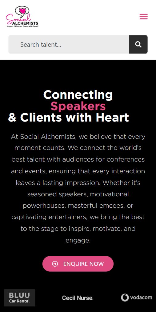 The Social Alchemists website on a phone: connecting speakers and clients with heart