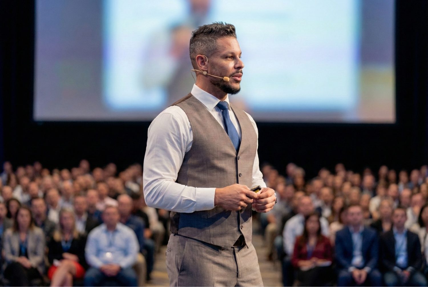 Andrew Wolhuter on stage in front of a full conference audience